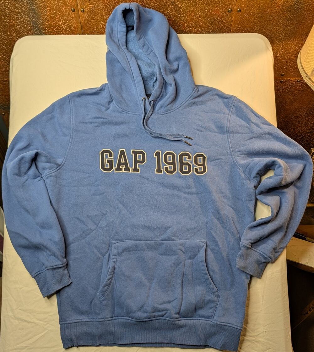Classic Gap Denim Logo Hoodie Fleece Lined L Blue Cozy Lounge Athleisure Comfy